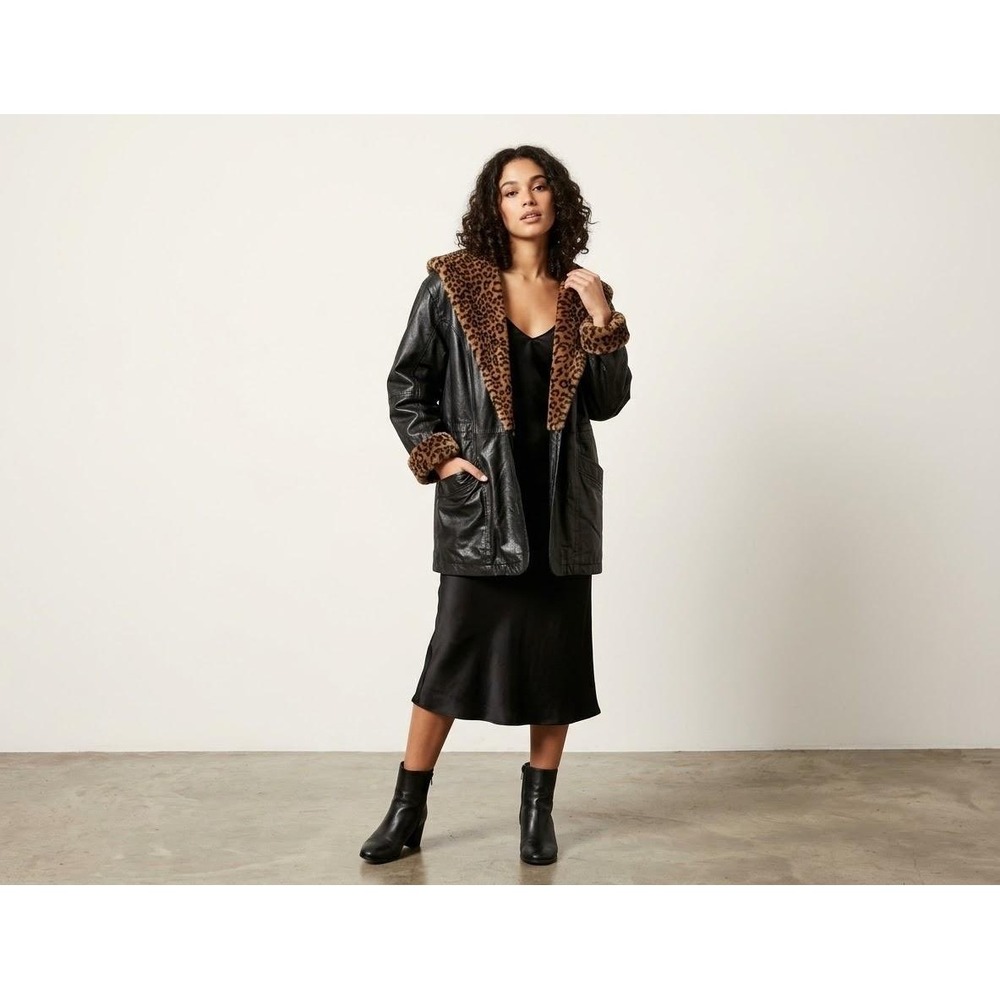 G-III Leather Jacket Women Large Black Leopard Faux Fur Trim Vintage Coat